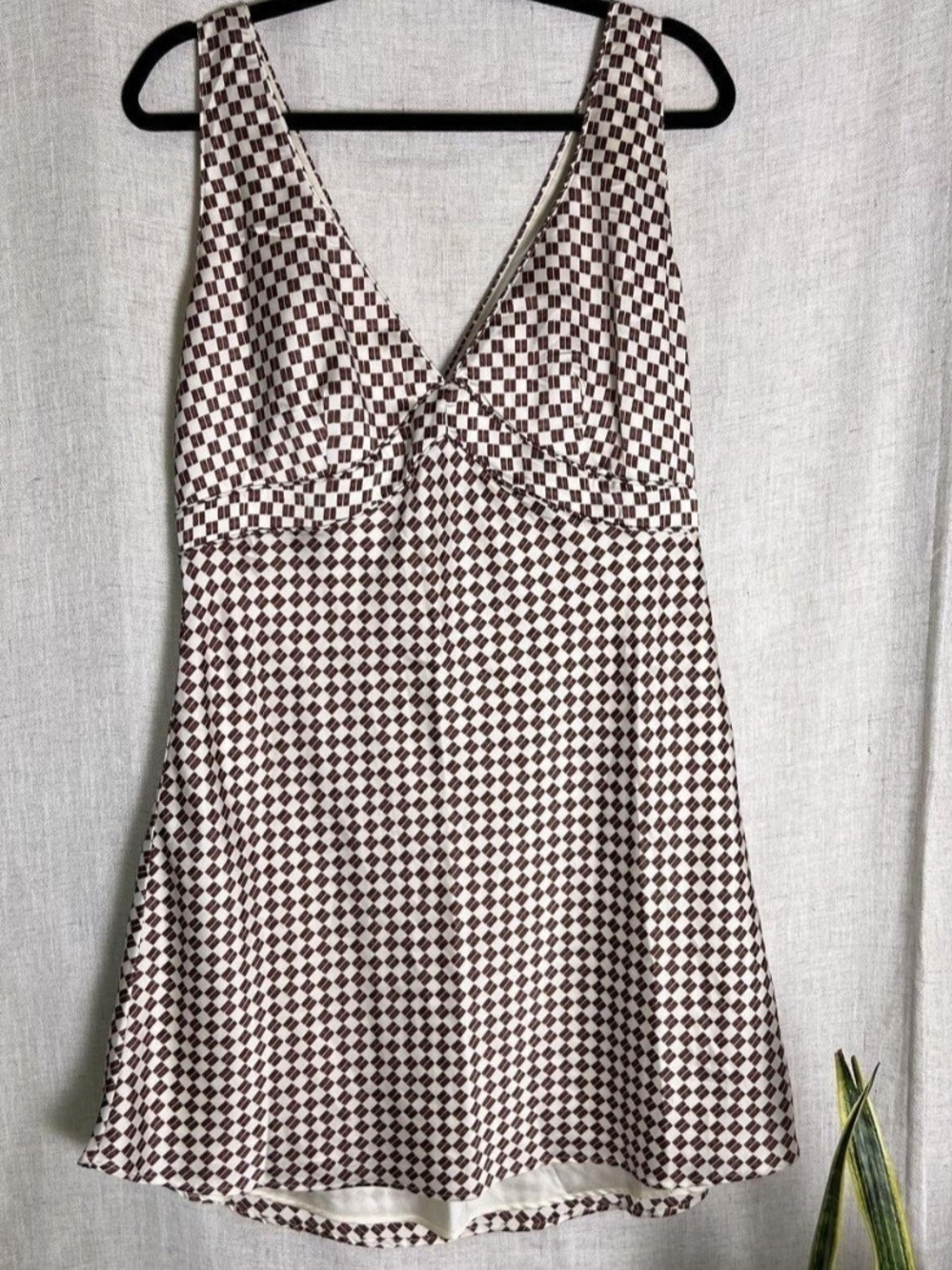 Abercrombie & Fitch Brown Checkerboard Satin V-Neck Slip Mini Dress